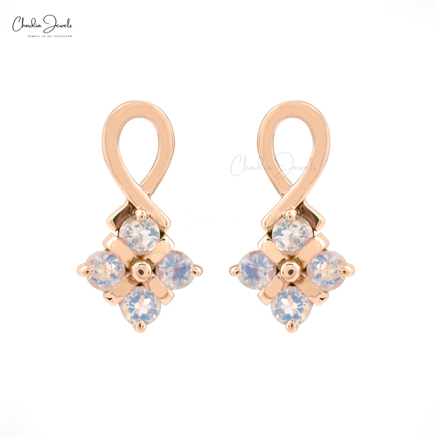 Real 14k Rose Gold 4 Stone Studs With 2mm Rainbow Moonstone Twisted Dainty Earrings
