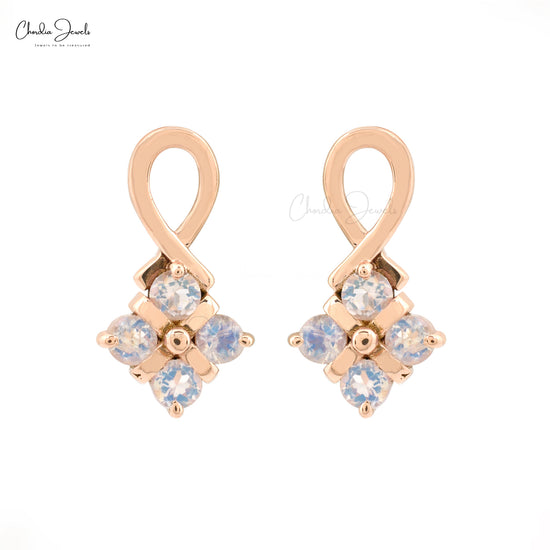 Real 14k Rose Gold 4 Stone Studs With 2mm Rainbow Moonstone Twisted Dainty Earrings