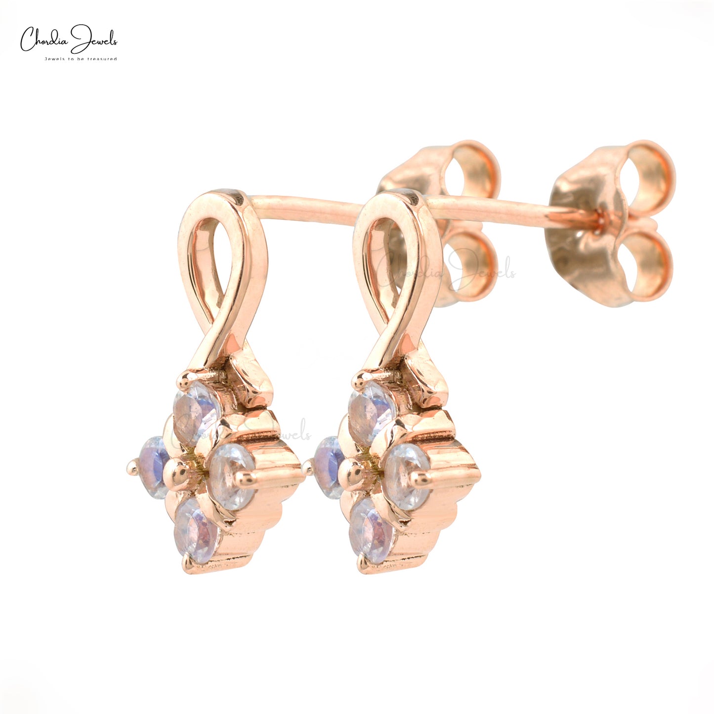 Real 14k Rose Gold 4 Stone Studs With 2mm Rainbow Moonstone Twisted Dainty Earrings