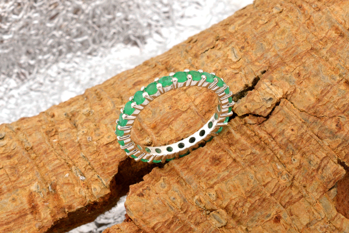 14k Solid White Gold 2.5mm Zambian Emerald Eternity Wedding Band Ring
