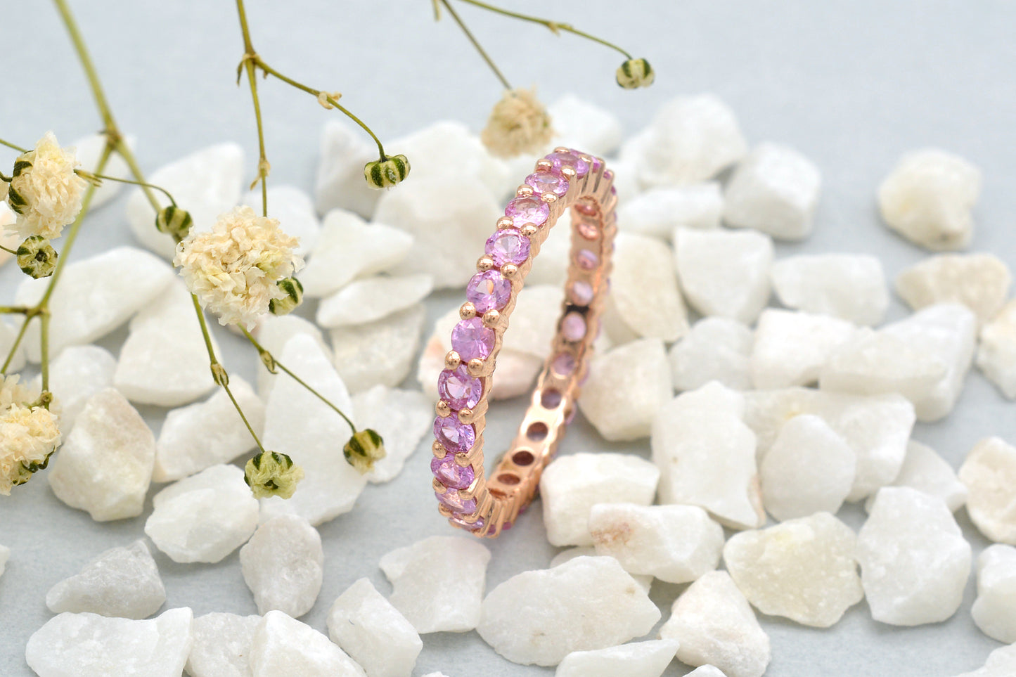 Gemstone Eternity Band With 2.5mm Pink Sapphire Stackable Wedding Ring In 14k Rose Gold