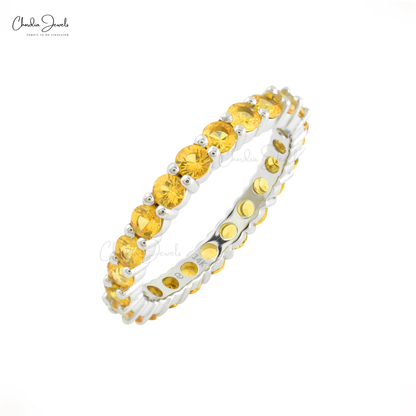 Real 14k White Gold Eternity Band Ring Natural 2.5mm Yellow Sapphire Dainty Ring For Her