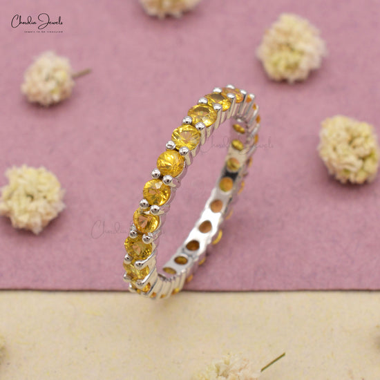 Real 14k White Gold Eternity Band Ring Natural 2.5mm Yellow Sapphire Dainty Ring For Her