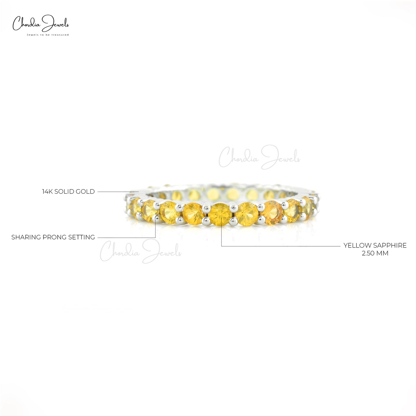 Real 14k White Gold Eternity Band Ring Natural 2.5mm Yellow Sapphire Dainty Ring For Her