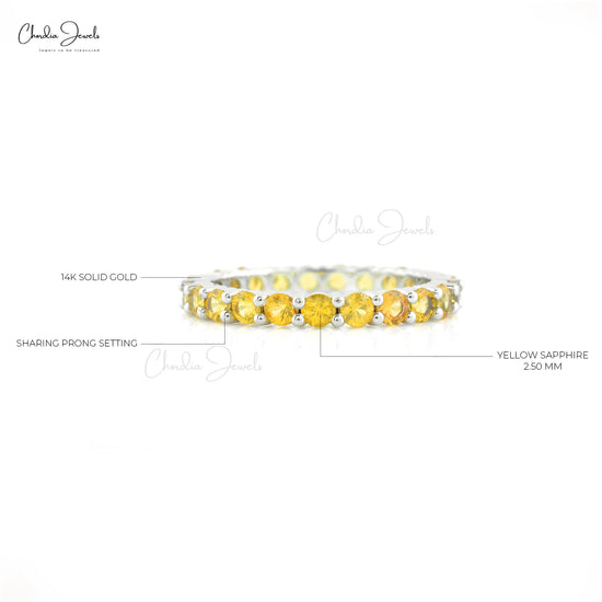 Real 14k White Gold Eternity Band Ring Natural 2.5mm Yellow Sapphire Dainty Ring For Her