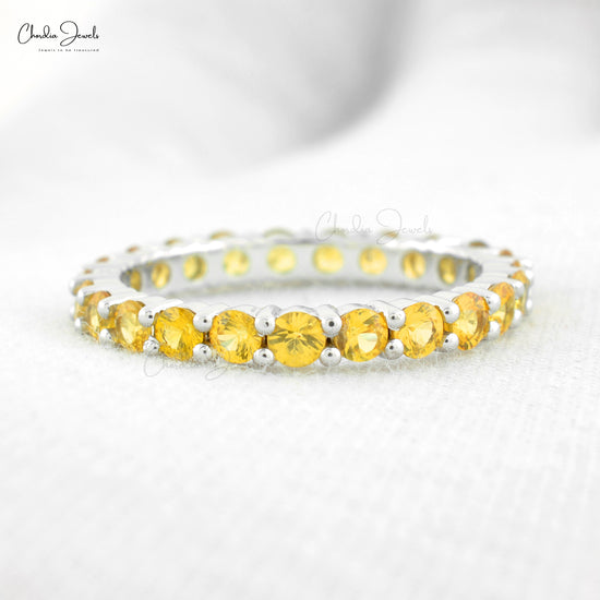 Real 14k White Gold Eternity Band Ring Natural 2.5mm Yellow Sapphire Dainty Ring For Her