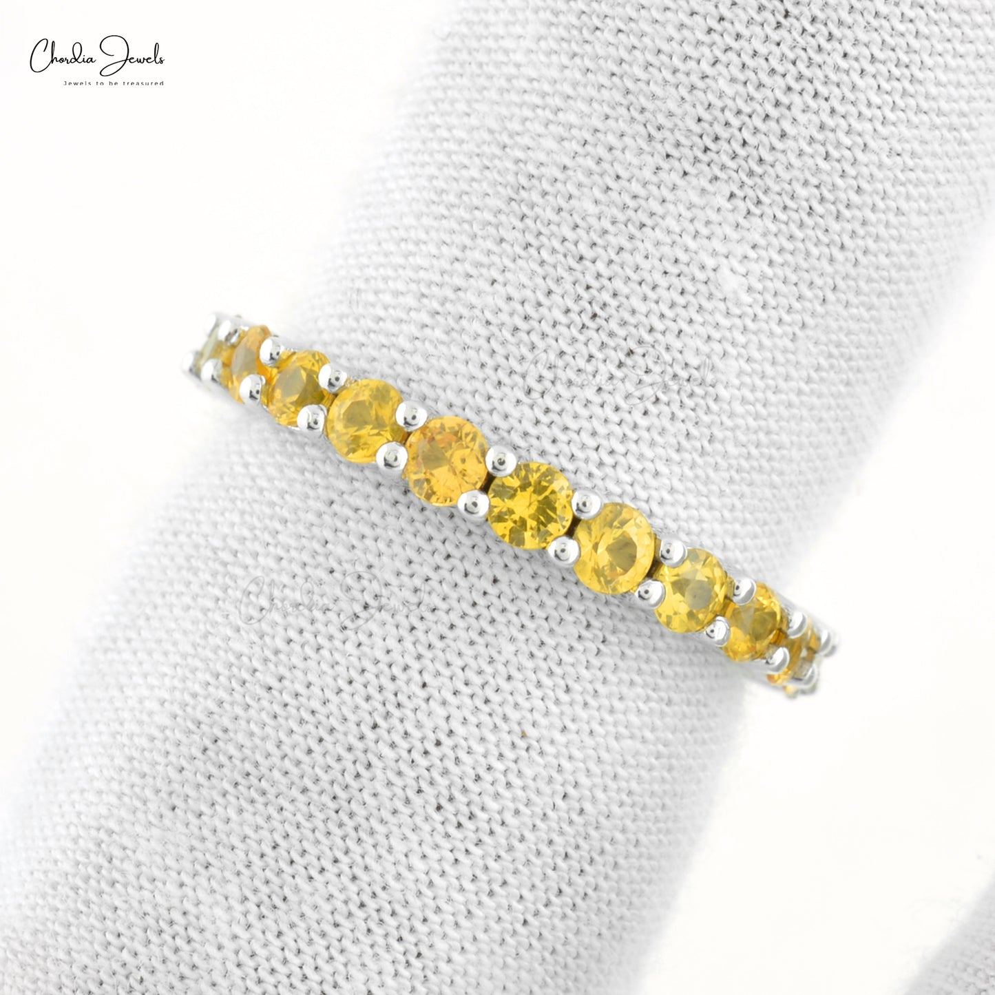 Real 14k White Gold Eternity Band Ring Natural 2.5mm Yellow Sapphire Dainty Ring For Her