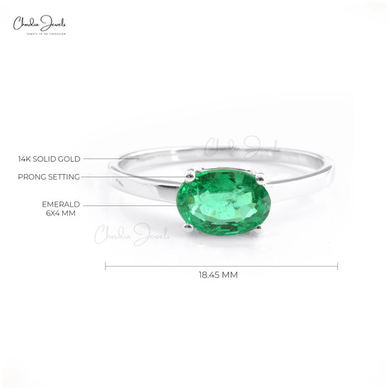 Natural Emerald Solitaire Ring 14k Solid Gold Prong Set Ring 6x4mm Oval Faceted Gemstone Ring For Engagement Ring