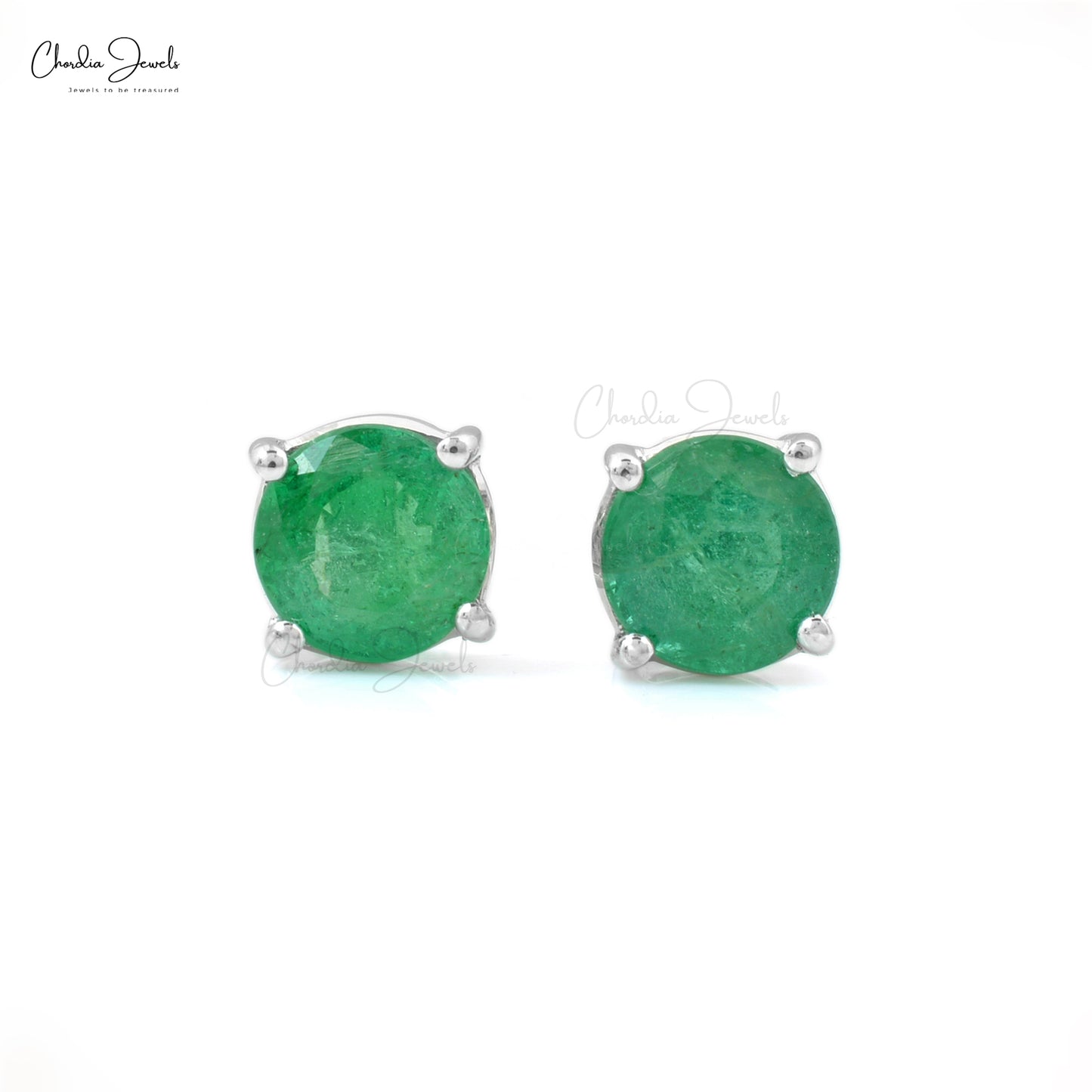 Solitaire 2.10ct Round Emerald Push Back Studs in 14k Solid White Gold