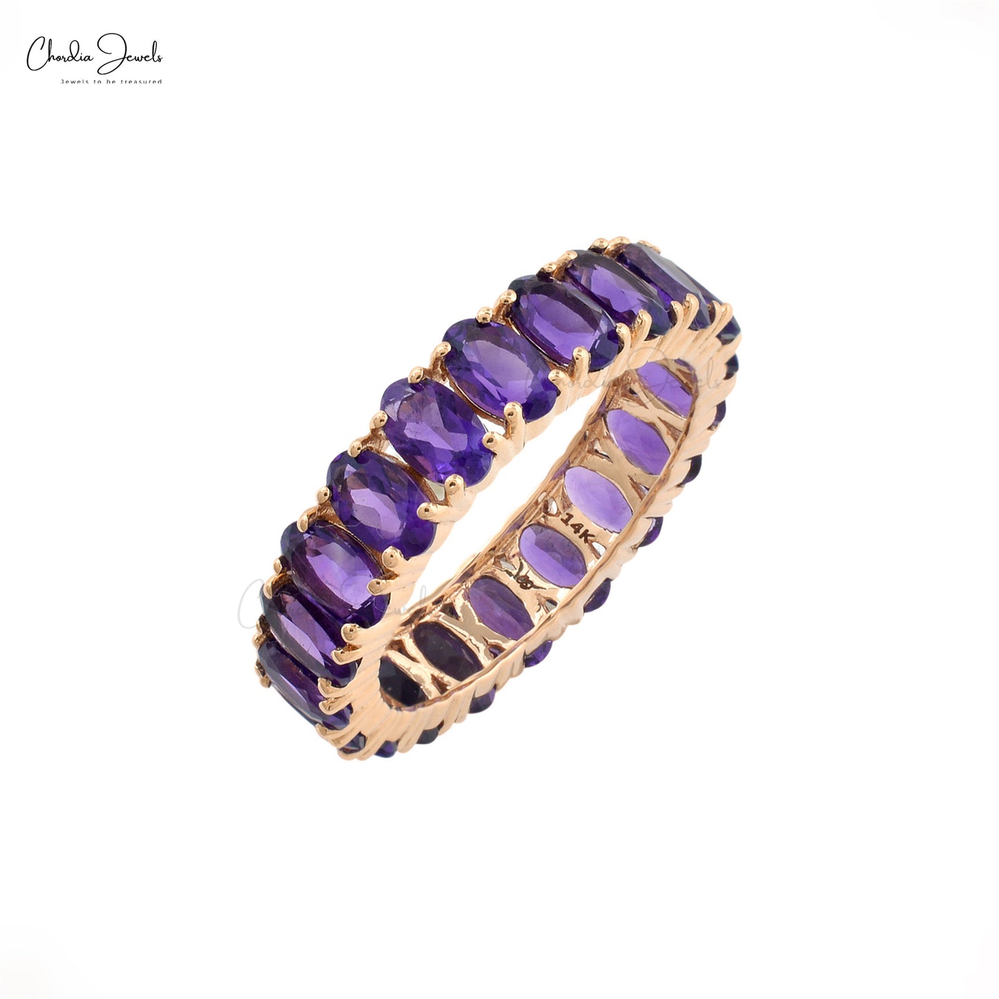 Load image into Gallery viewer, Exquisite 14k Real Rose Gold Eternity Band Genuine Amethyst Gemstone Shared Prong Ring

