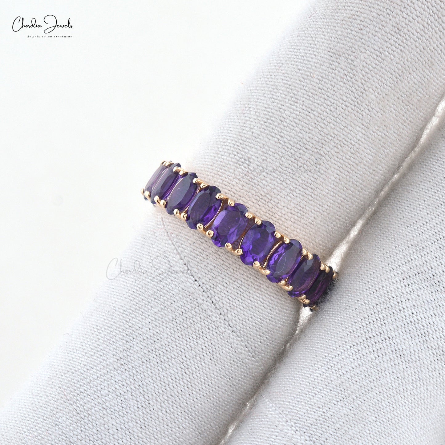 Load image into Gallery viewer, Exquisite 14k Real Rose Gold Eternity Band Genuine Amethyst Gemstone Shared Prong Ring
