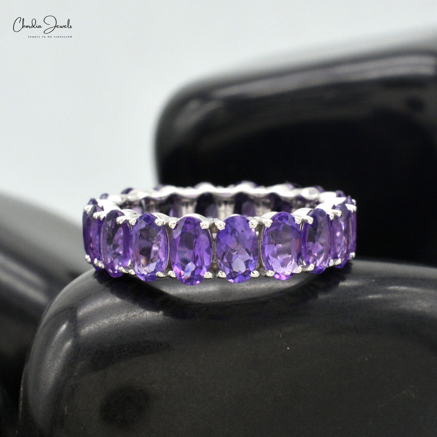 Natural Amethyst Eternity Band 5x3mm Oval Cut Gemstone Ring Size US-7 14K  Solid White Gold Full Eternity Band For Engagement