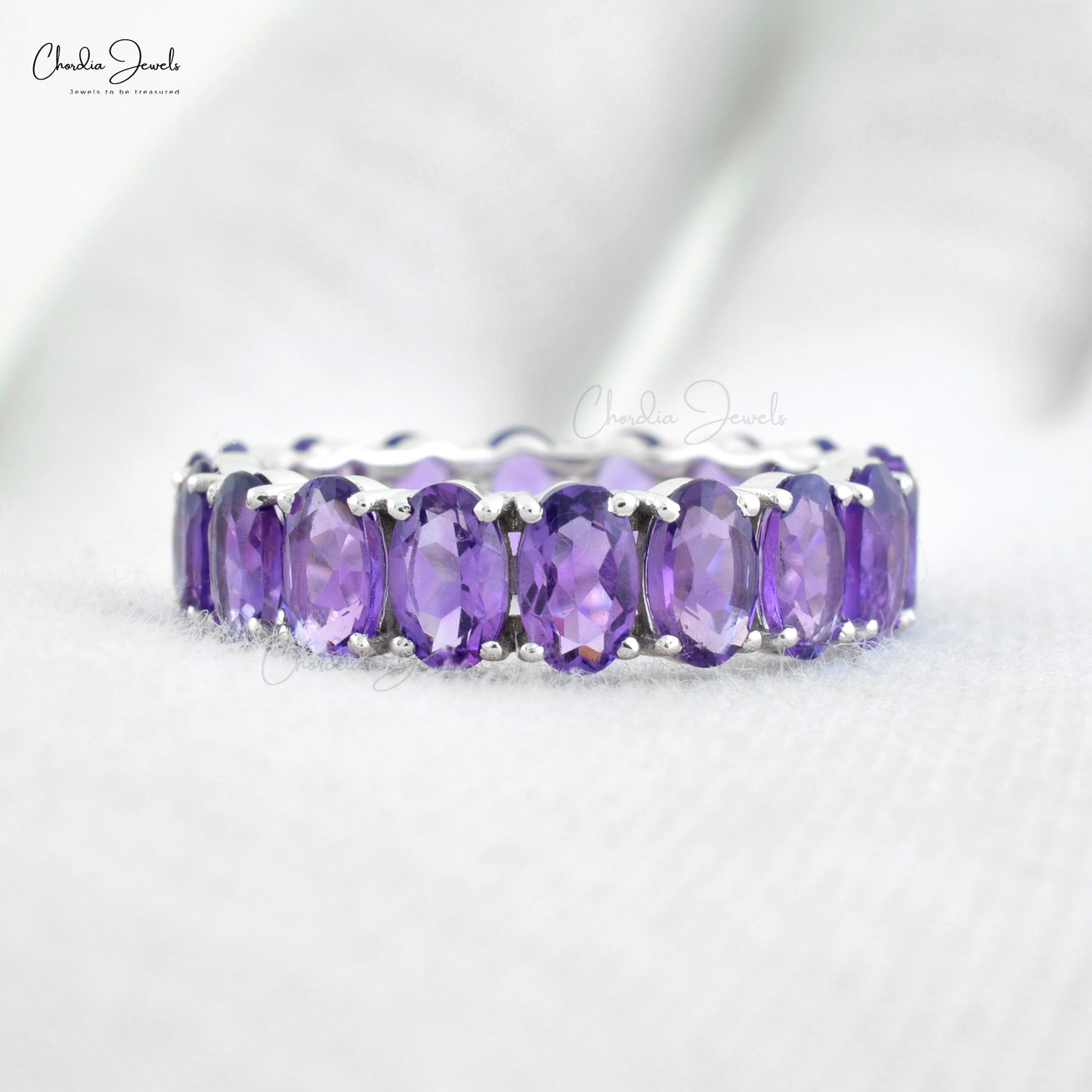 Dazzling 14k White Gold Eternity Band Natural Amethyst Gemstone Ring For Anniversary Gift