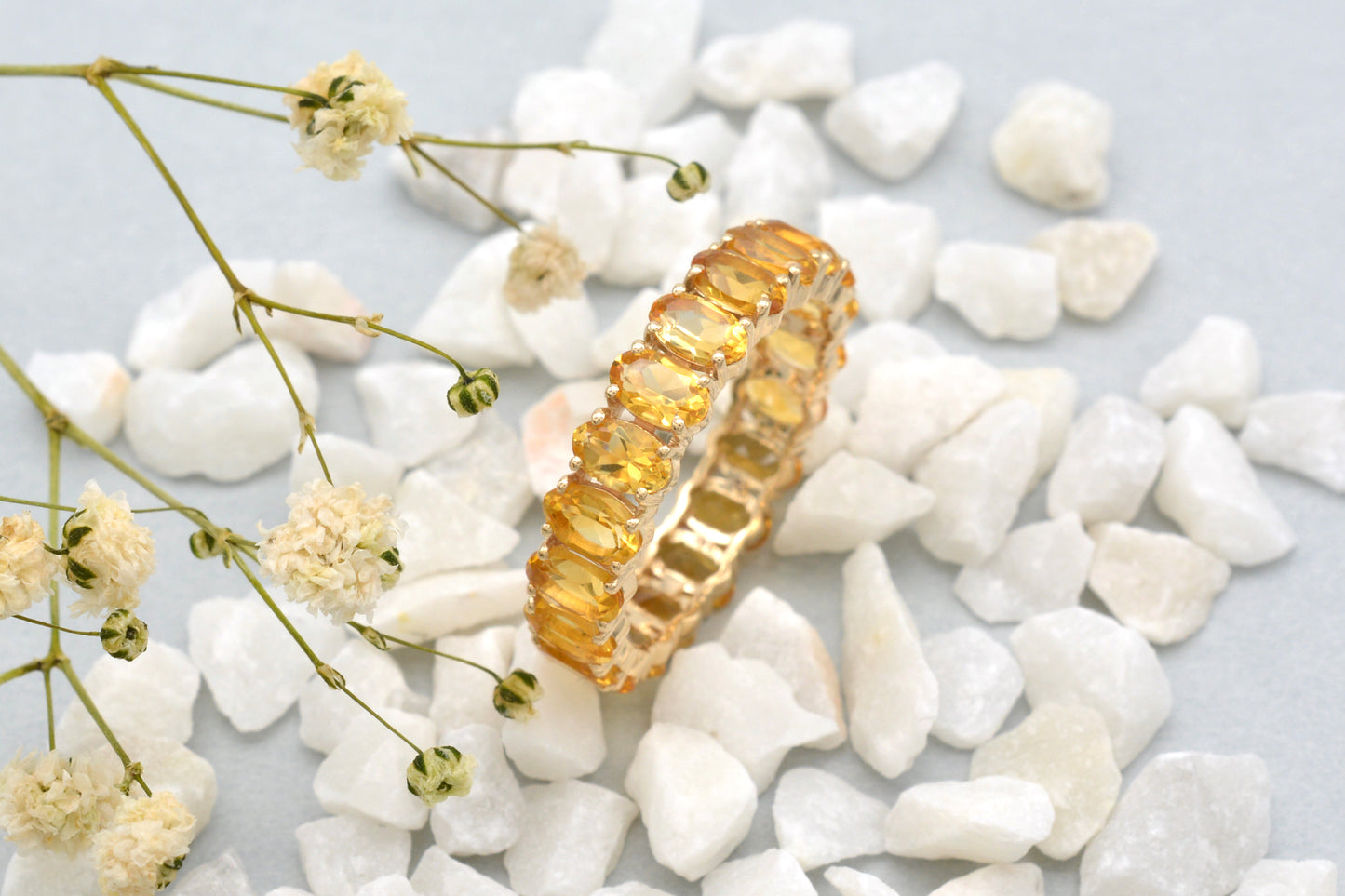Prong Set Eternity Band With 5x3mm Citrine 14k Yellow Gold Stackable Women Ring Size US5.75