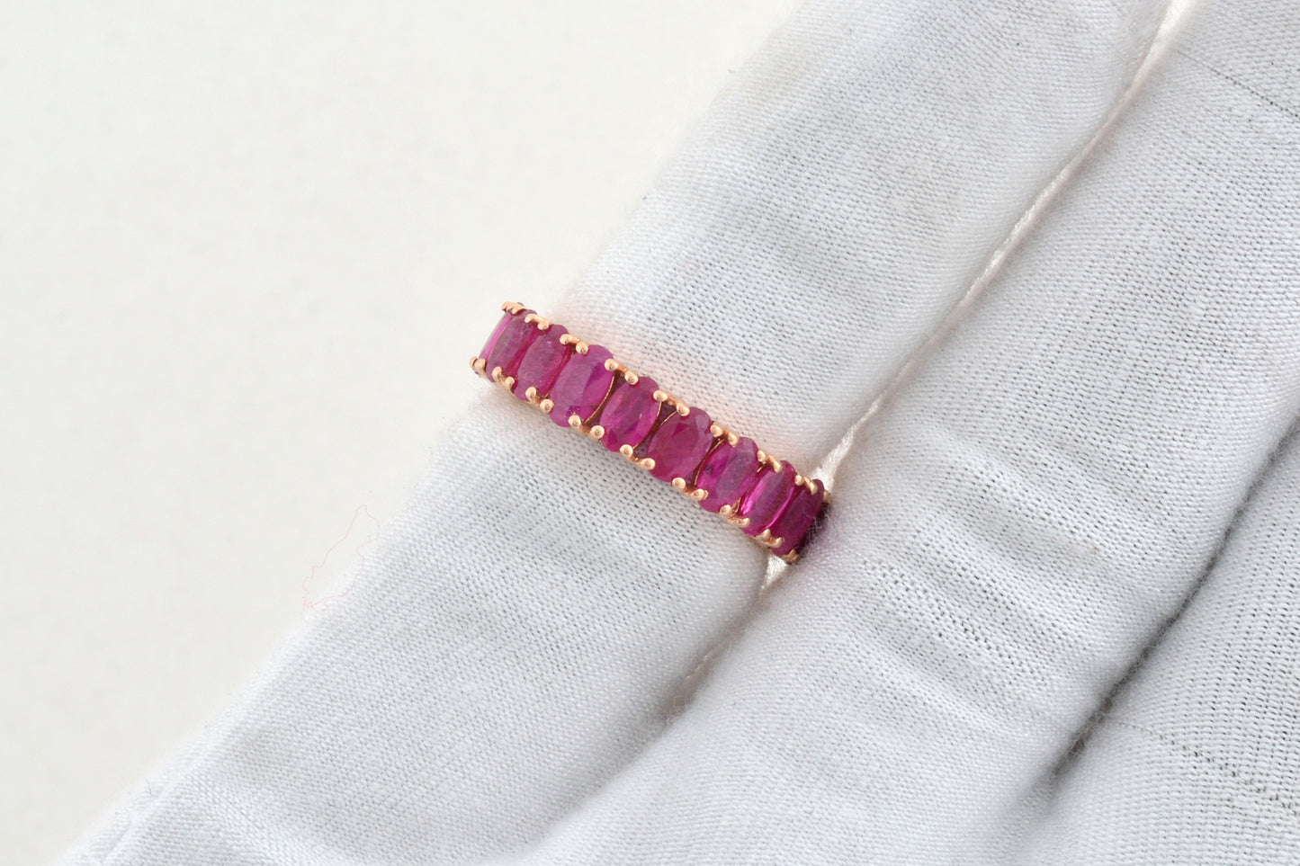 Eternity Bridal Band With 5x3mm Ruby Prong Set In 14k Rose Gold Promise Ring Size US6