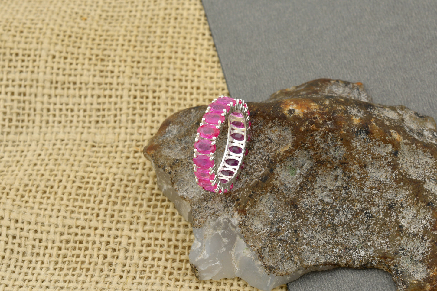 Full Eternity Band In 14k Real White Gold Burma Ruby 5x3mm Oval Cut Wedding Ring