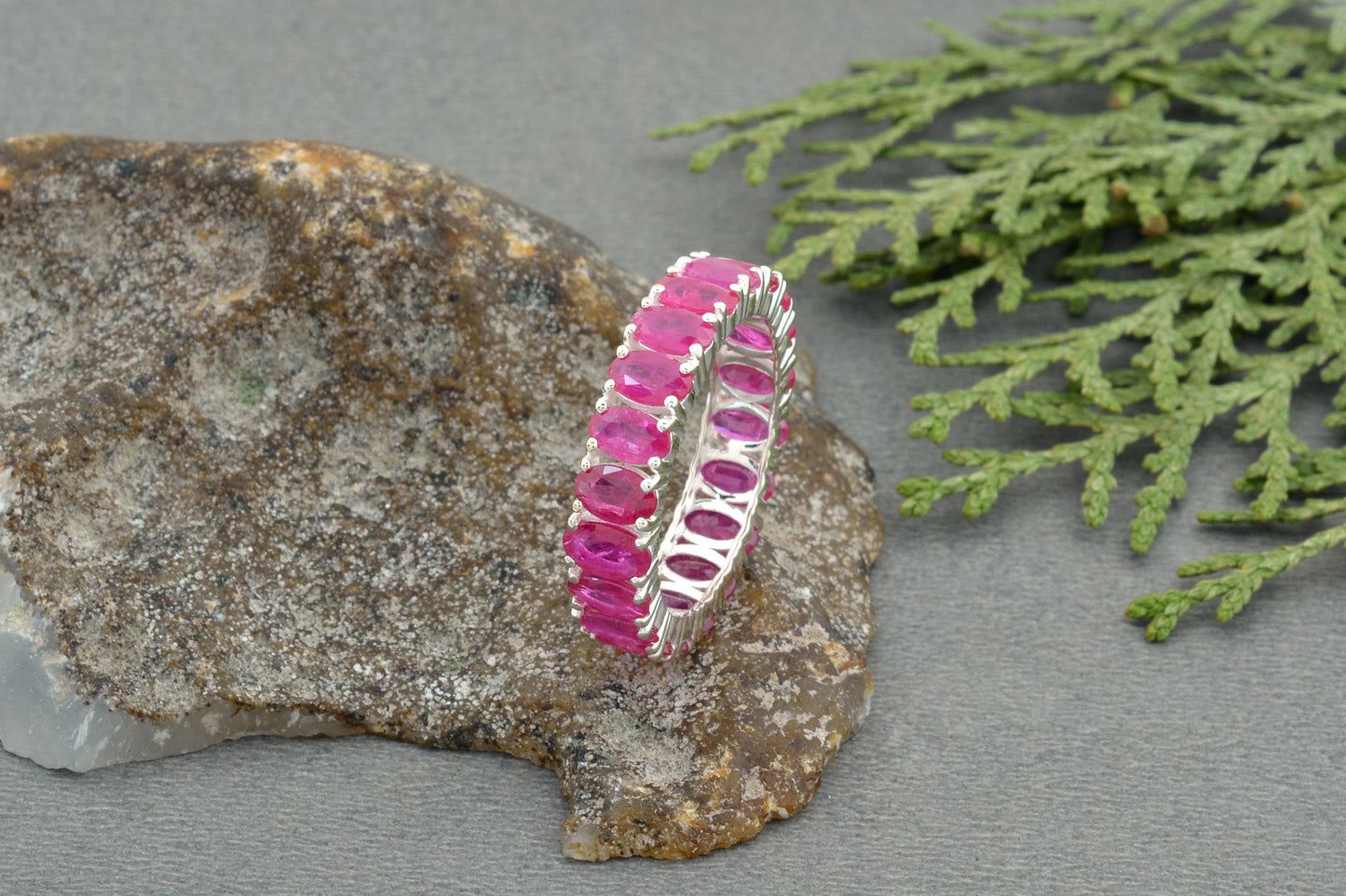 Full Eternity Band In 14k Real White Gold Burma Ruby 5x3mm Oval Cut Wedding Ring