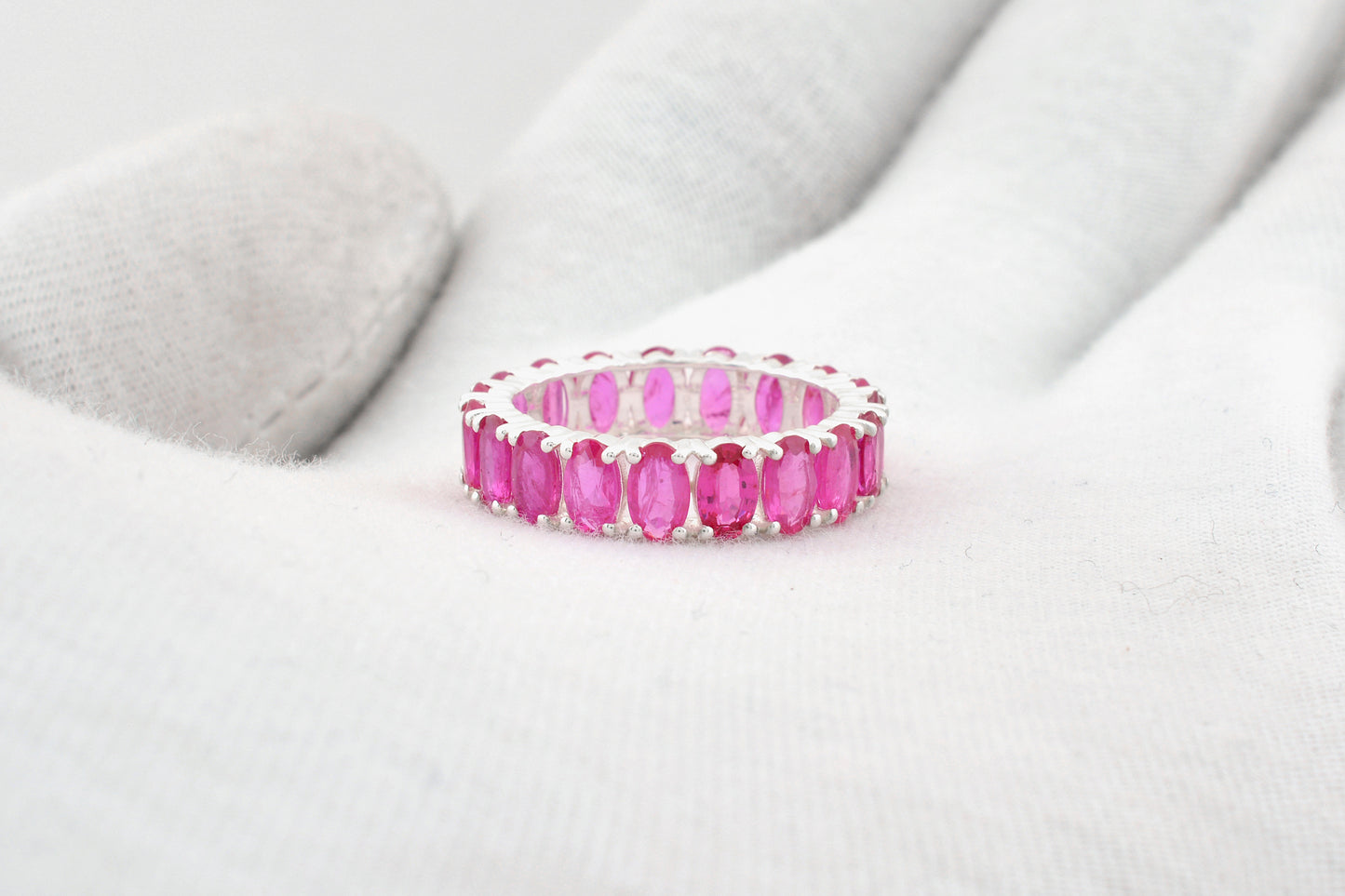Full Eternity Band In 14k Real White Gold Burma Ruby 5x3mm Oval Cut Wedding Ring