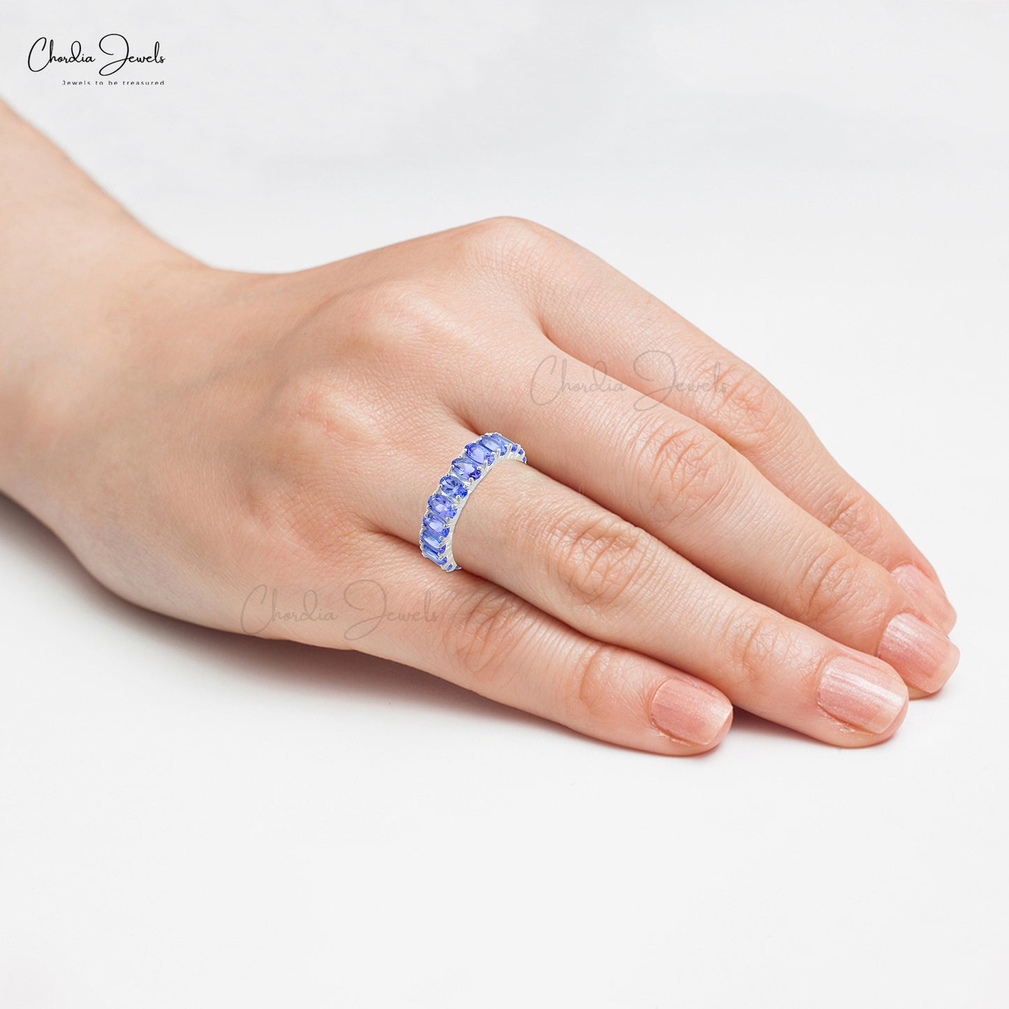 Radiant Eternity Ring With Oval Tanzanite 14k White Gold Handcrafted Fine Stone Ring For Her
