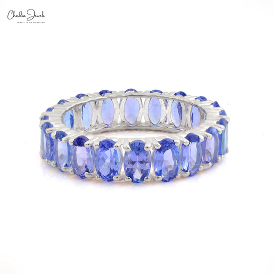 Radiant Eternity Ring With Oval Tanzanite 14k Real Gold Handcrafted Fine Stone Ring For Her