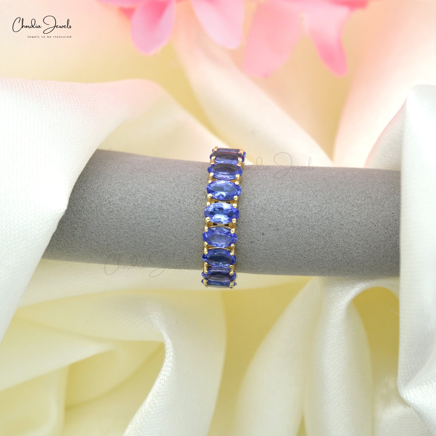 Load image into Gallery viewer, Solid 14k Yellow Gold Eternity Ring Genuine Tanzanite Gemstone Shared Prong Set Promise Ring
