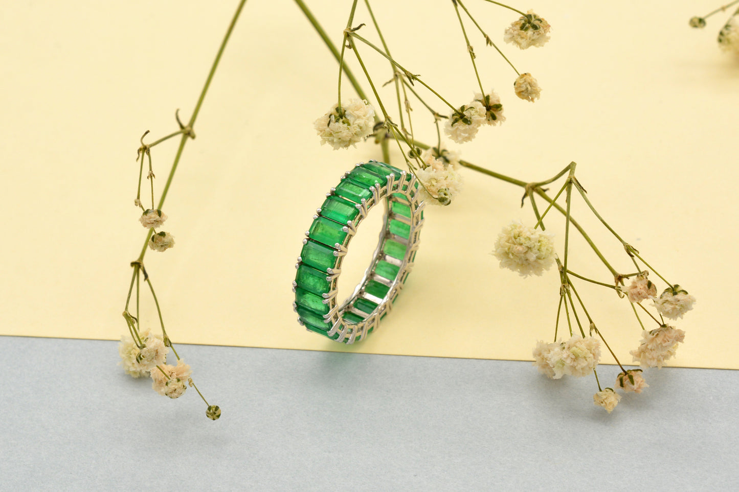 Real Octagon Emerald 14k White Gold Eternity Band Ring