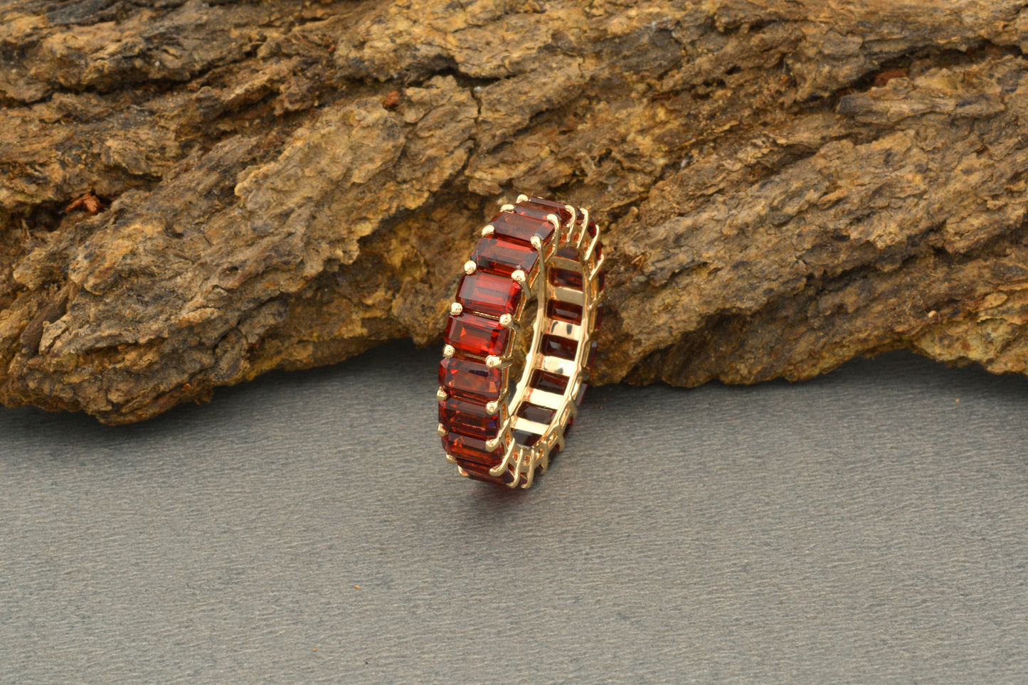 Octagon Cut Natural Garnet Full Eternity Band For Women in 14k Solid Yellow Gold