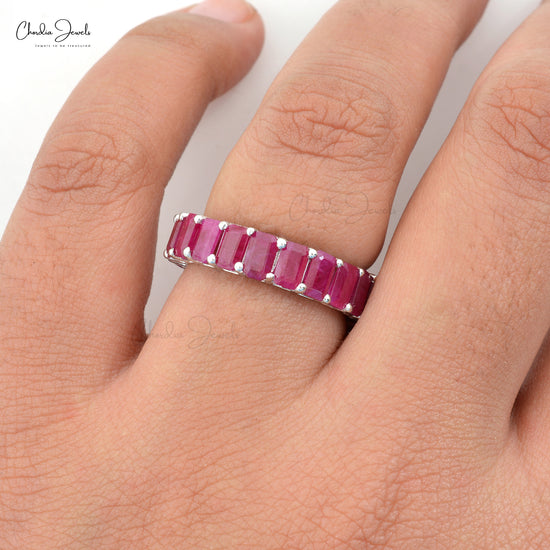 Red Ruby Dainty Eternity Band 5x3mm Octagon Natural Gemstone 14k Solid White Gold Ring 4.94Ct July Birthstone Jewelry For Women