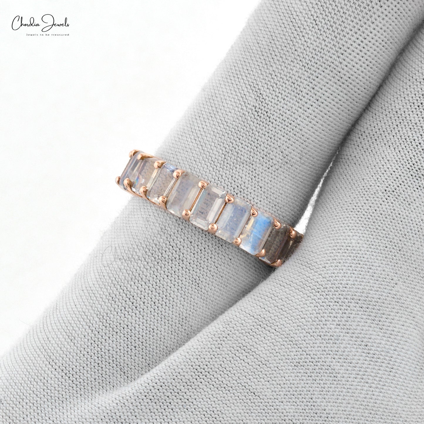 Eternity Gemstone Band With Rainbow Moonstone 14k Solid Gold June Birthstone Women's Ring