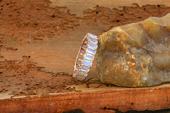Eternity Gemstone Band With Rainbow Moonstone 14k Solid Gold June Birthstone Women's Ring