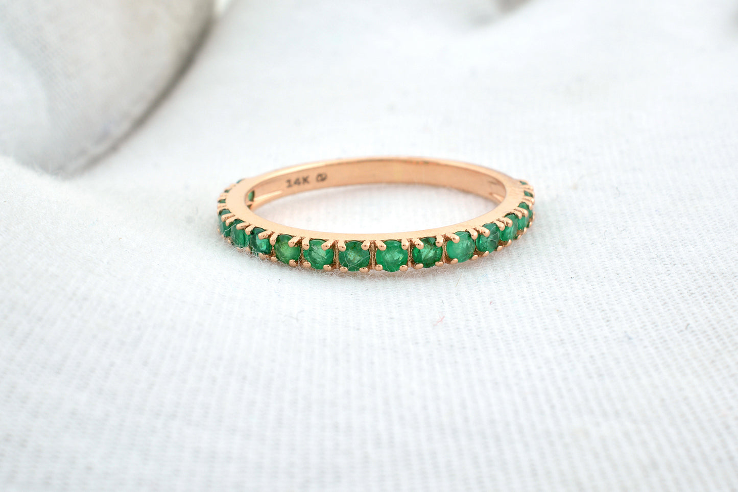 Dainty Half Eternity Wedding Band With 2mm Emerald Accent in 14k Rose Gold Ring