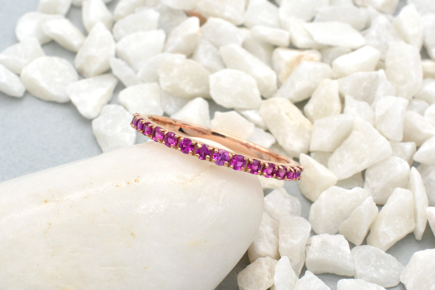 Half Eternity Round Cut Band With 0.51 Ct Pink Sapphire 14k Rose Gold Promise Ring
