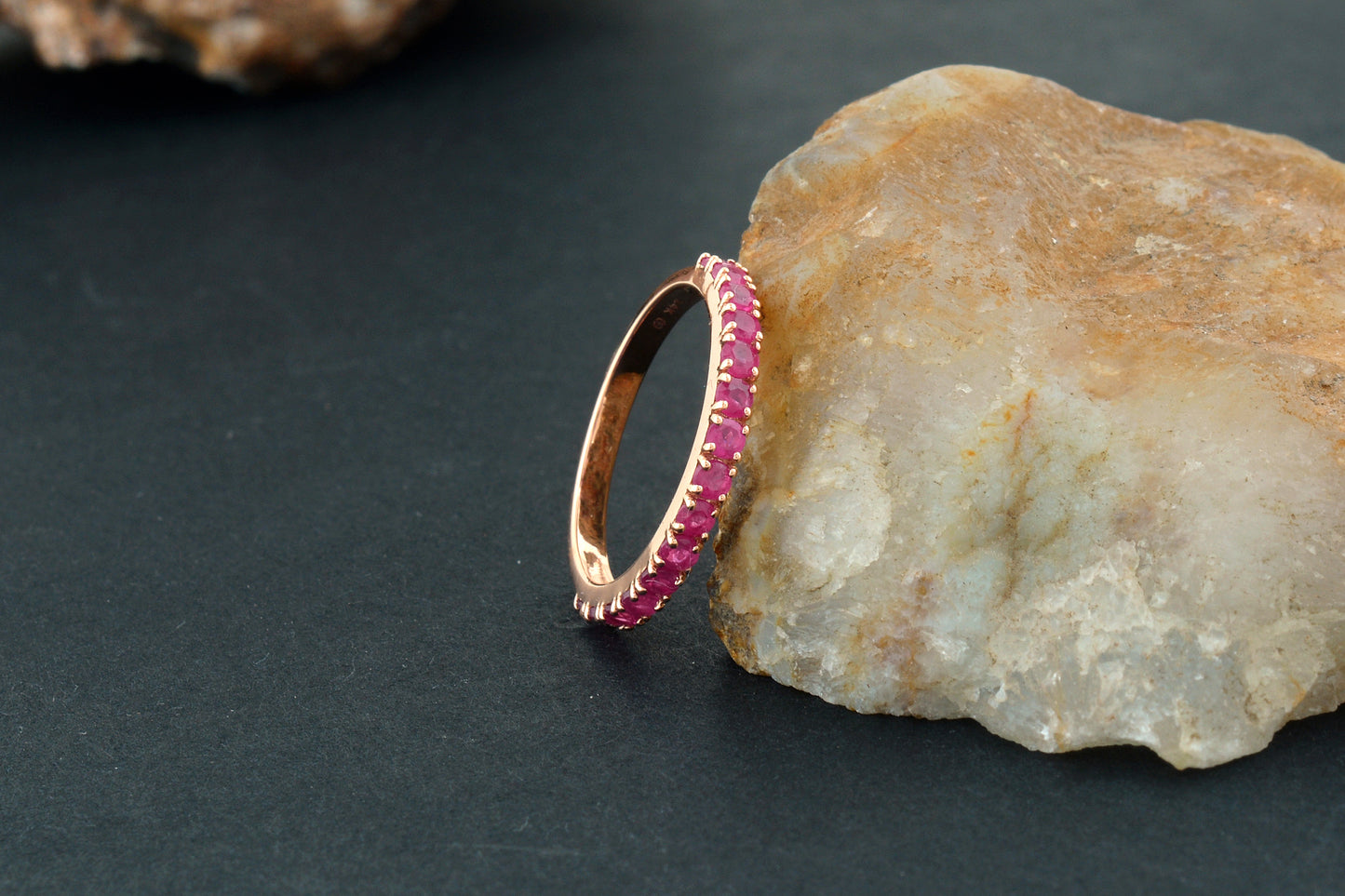 Natural Ruby Dainty Half Eternity Band With 14k Rose Gold Gemstone Fine Jewelry