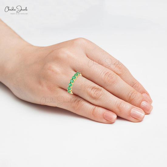 Natural Emerald 7 Stone Half Eternity Band Ring in 14k Yellow Gold