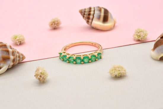Natural Emerald 7 Stone Half Eternity Band Ring in 14k Yellow Gold