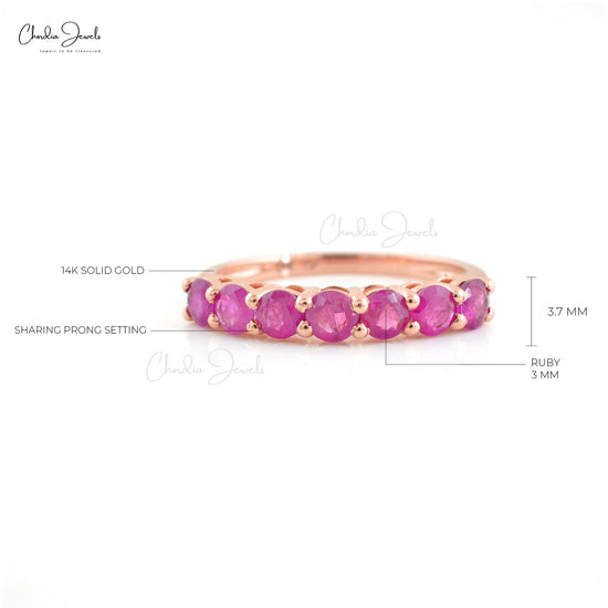 Load image into Gallery viewer, Solid 14k Rose Gold 7 Stone Ring with Genuine 3mm Ruby Handcrafted Half Eternity Ring
