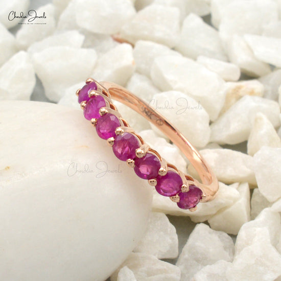 Solid 14k Rose Gold 7 Stone Ring with Genuine 3mm Ruby Handcrafted Half Eternity Ring