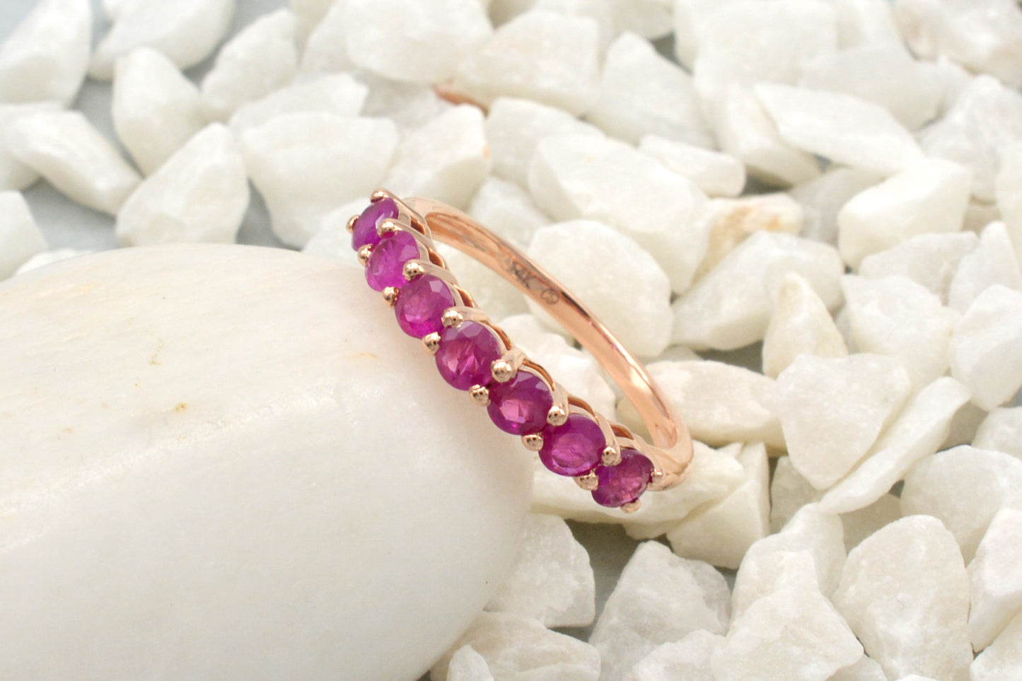 Seven Stone Ring with Genuine Ruby 14k Rose Gold Handcrafted Half Eternity Ring