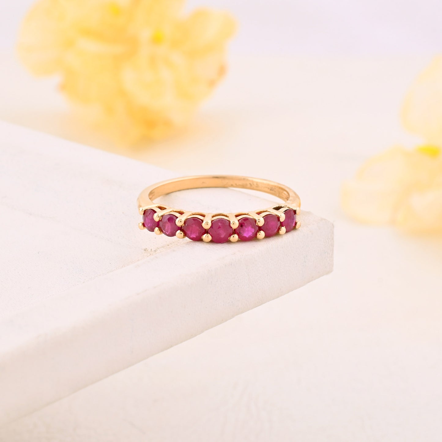 Natural 3mm Ruby Gemstone Eternity Ring 14k Yellow Gold 7 Stone Band For Birthday Gift