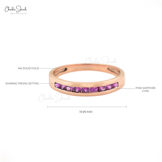 Genuine 2mm Pink Sapphire Channel Set Ring 14k Rose Gold Handcrafted Half-Eternity Ring