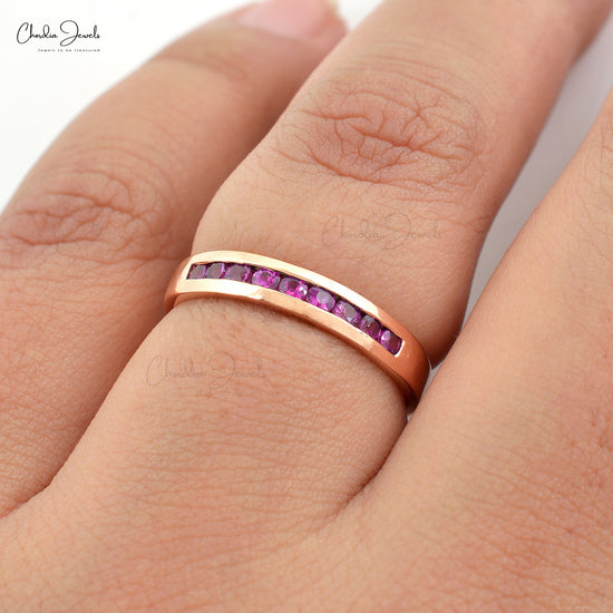 Genuine 2mm Pink Sapphire Channel Set Ring 14k Rose Gold Handcrafted Half-Eternity Ring