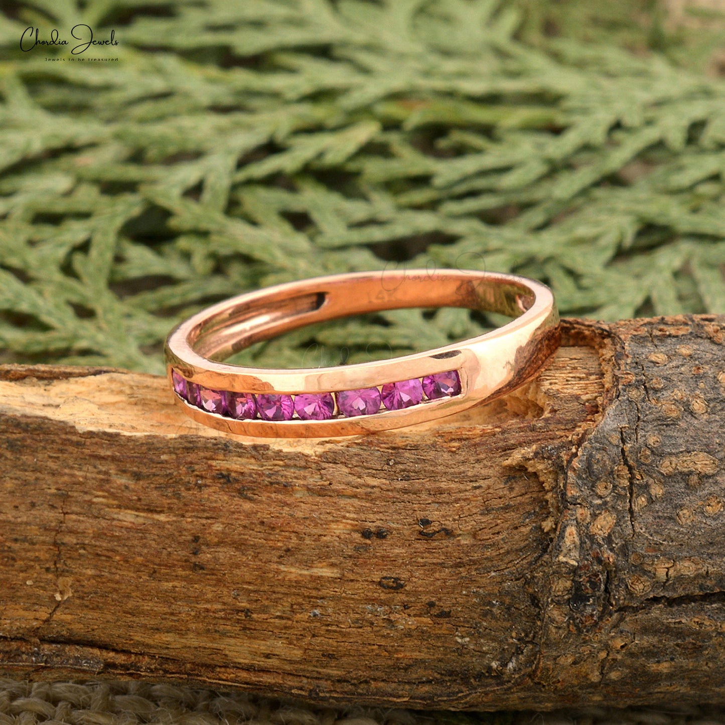 Genuine 2mm Pink Sapphire Channel Set Ring 14k Rose Gold Handcrafted Half-Eternity Ring