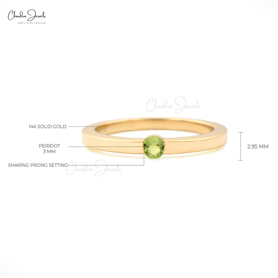 Genuine Peridot Solitaire Ring 3mm Brilliant Round Cut 0.12 Ct Gemstone 14k Solid Yellow Gold Ring Prong Set Fine Jewelry August Birthstone For Anniversary Gift