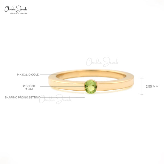 Real 14k Yellow Gold Single Stone Ring With 3mm Round Peridot Solitaire Ring For Mom