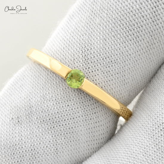 Genuine Peridot Solitaire Ring 3mm Brilliant Round Cut 0.12 Ct Gemstone 14k Solid Yellow Gold Ring Prong Set Fine Jewelry August Birthstone For Anniversary Gift