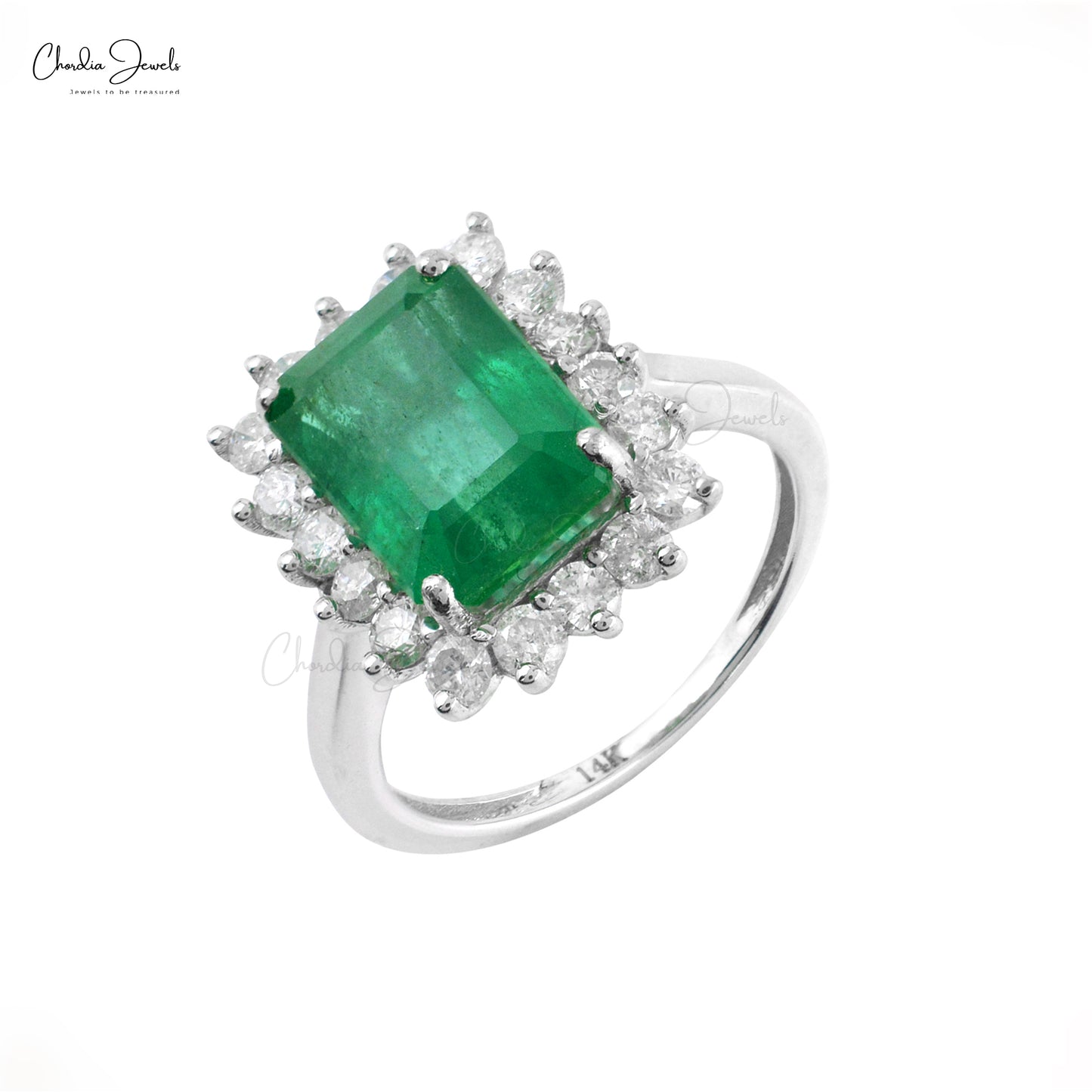 White Diamond Natural Emerald Ring 14k Solid white Gold Halo Ring 12x9mm Emerald Cut Gemstone Ring For Engagement
