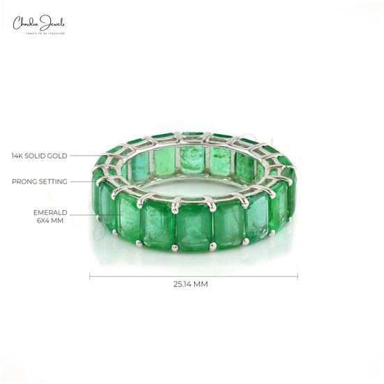Genuine Emerald Eternity Ring 6x4mm Emerald Cut Gemstone Ring 14k Solid White Gold Ring For Engagement