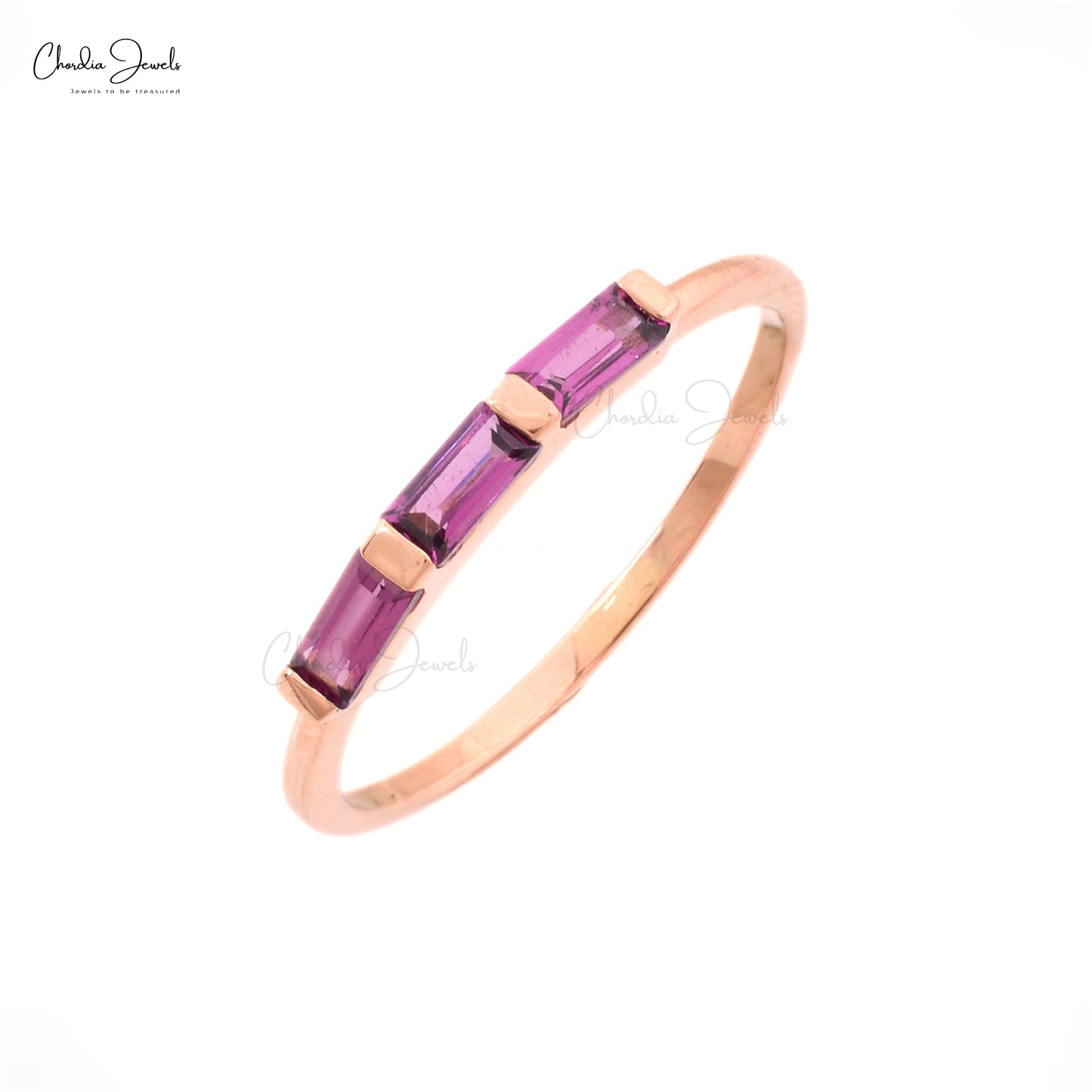 Pure 14k Rose Gold Stacking Ring With 0.24 Ct Rhodolite Garnet 3 Stone Dainty Ring