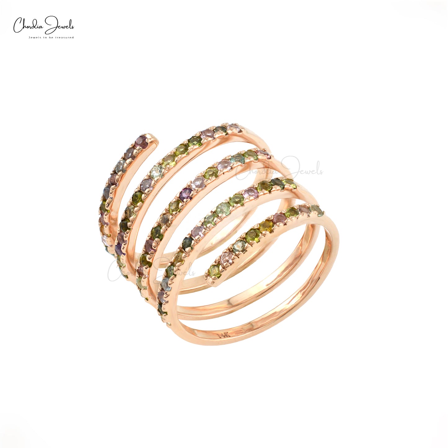 Stunning Spiral Ring With Genuine Multi-Tourmaline Hallmarked 14k Rose Gold Wedding Ring