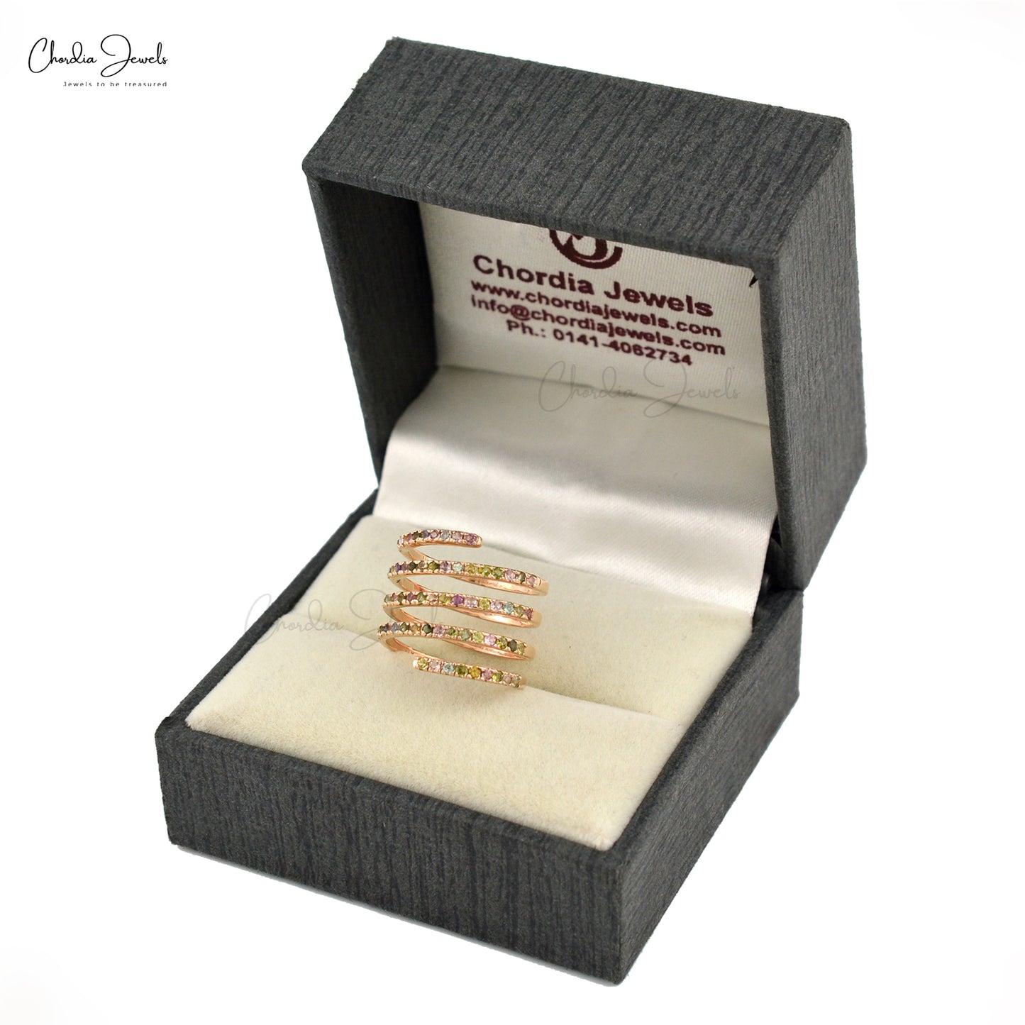 Stunning Spiral Ring With Genuine Multi-Tourmaline Hallmarked 14k Rose Gold Wedding Ring